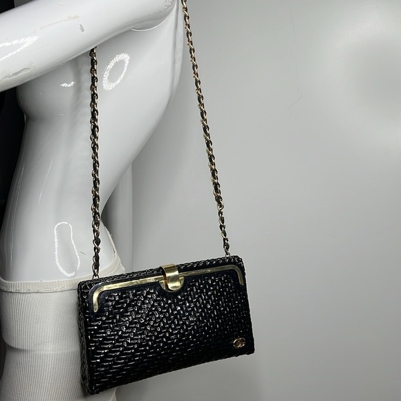 Greta Italy Vintage Black Lacquered Woven Structured Wicker Clutch Shoulder Bag - Picture 3 of 13
